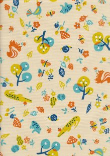 Sevenberry Japanese Fabric - Cotton Linen Mix Zoo Park Turquoise, Mustard, Orange