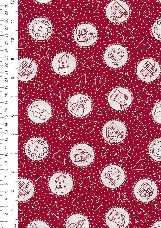 Mandy Shaw For Henry Glass - Redwork Christmas Stars & Hearts White On Red 837-88