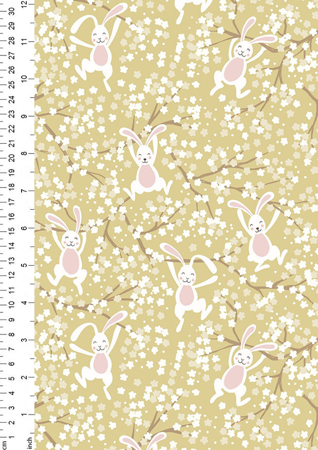 Lewis & Irene - Bunny Hop A526.2 swinging bunnies on spring yellow