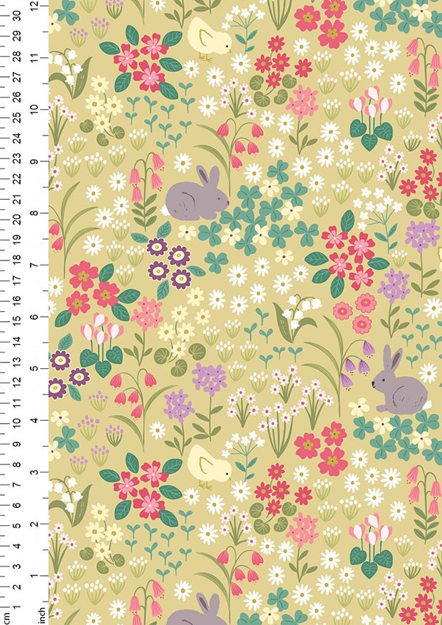 Lewis & Irene - Bunny Hop A530.1 bunny & chick floral on spring yellow