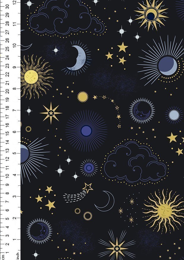 Lewis & Irene - Celestial Celestial skies on black with gold metallic - A754.3
