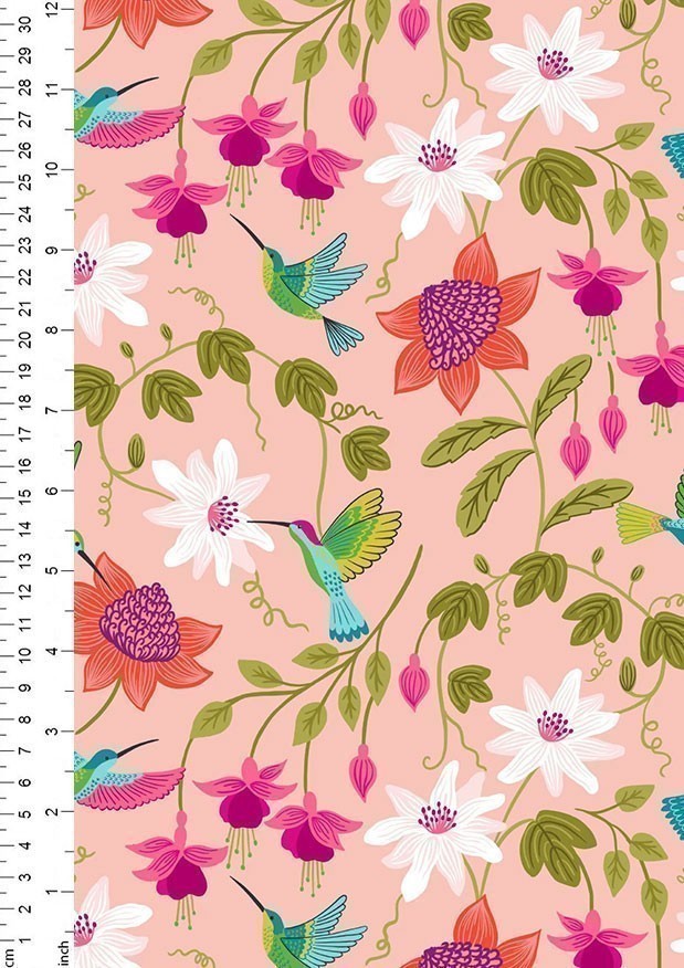 Lewis & Irene - Hibiscus Hummingbird A593.1 - Hummingbird large floral on blush pink