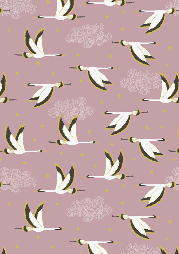 Lewis & Irene - Jardin de Lis A488.2 Flying heron on rose pink with gold metallic