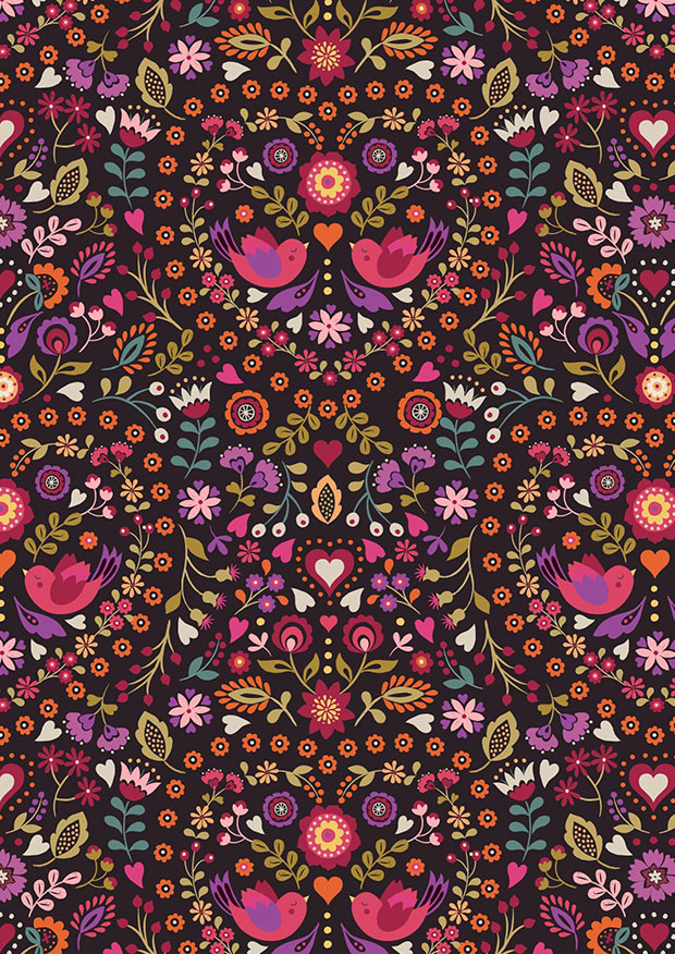 Lewis & Irene - Little Matryoshka A570.3 - Little bird floral heart on black