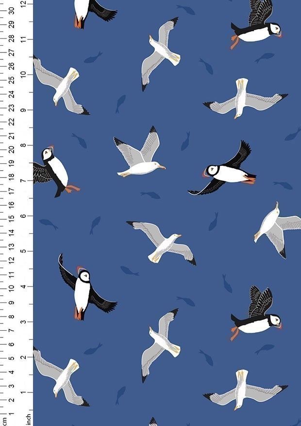 Lewis & Irene - Small Things Coastal Puffins & gulls on dark blue - SM62.3