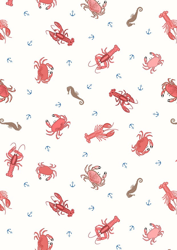 Lewis & Irene - Small Things Coastal Crab, lobster & seahorses on cream - SM58.1