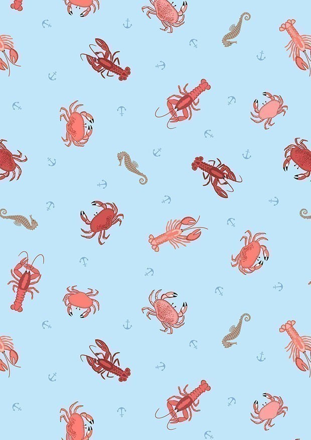 Lewis & Irene - Small Things Coastal Crab, lobster & seahorses on light blue - SM58.2