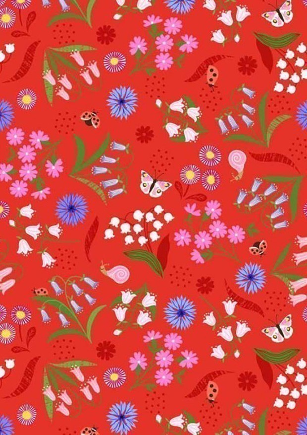 Lewis & Irene - Spring Flowers A718.3 Bell flowers on Red