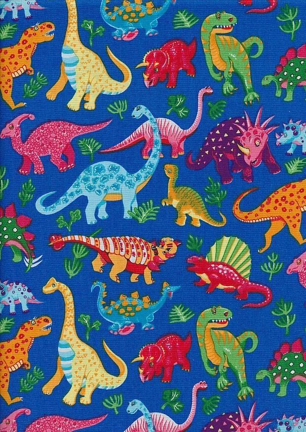 4 Metres Navy Fun Dinosaur Childrens Printed 100% Cotton Poplin Fabric. 