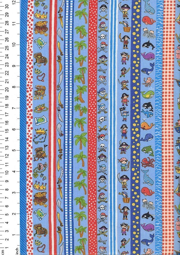 Novelty Fabric - Linear Pirate Theme On Blue