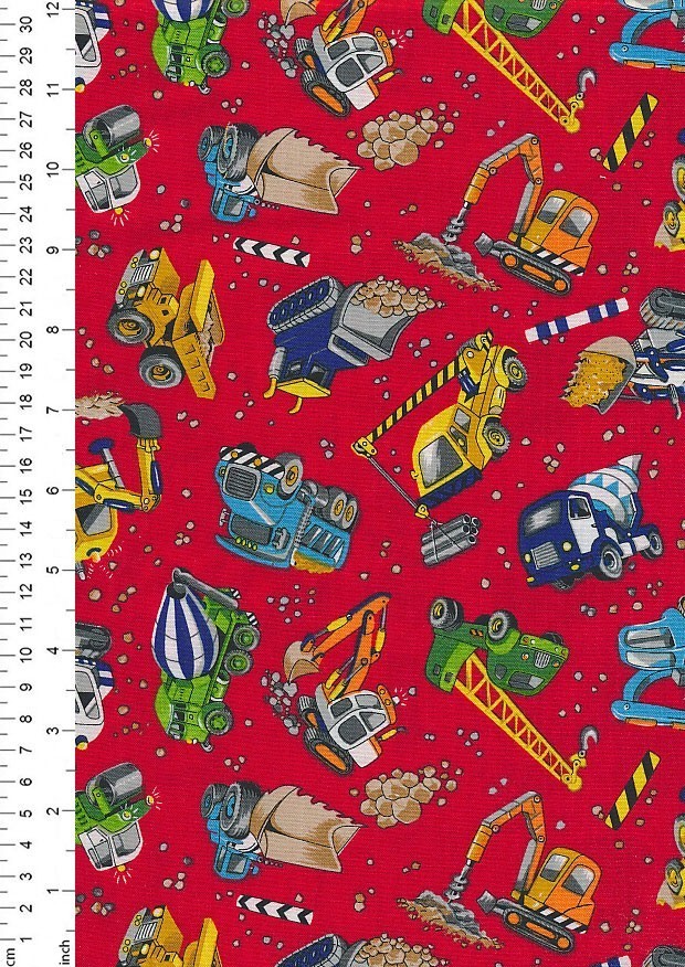 Novelty Fabric - Construction Vehicles On Red