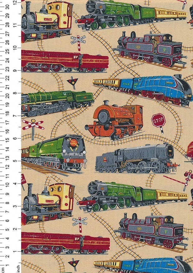 Novelty Fabric - Old Trains & Tracks On Beige