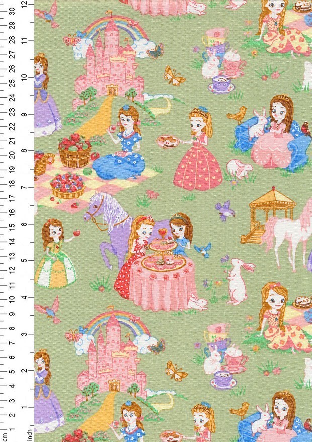 Novelty Fabric - Princesses Teaparty On Green