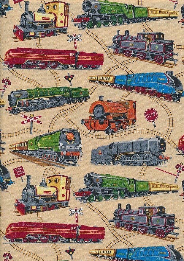 Novelty Fabric - Old Trains & Tracks On Beige
