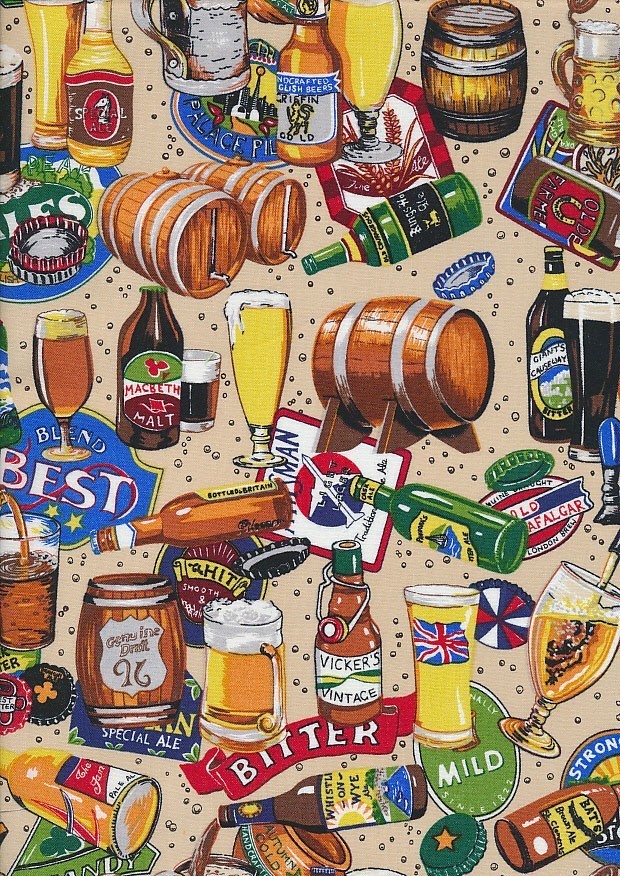 Novelty Fabric - Beer, Kegs & Pints On Beige