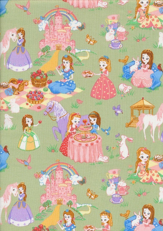 Novelty Fabric - Princesses Teaparty On Green