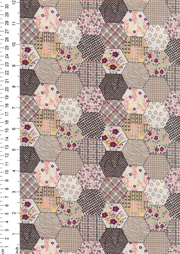 Quality Cotton Print - Brown Hexagon Patchwork