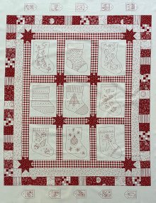 Mandy Shaw For Henry Glass - Redwork Christmas Stockings On Gingham Panel Red On White 847P-88