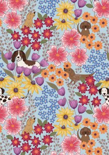 Lewis & Irene - Paws & Claws Dogs in flowers on blue - A709.2