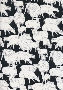 Novelty Fabric - Sheep Sketch On Black