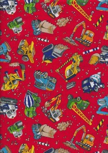 Novelty Fabric - Construction Vehicles On Red