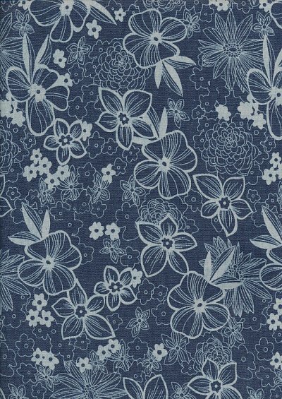 Cotton Chambray - Large Floral On Navy
