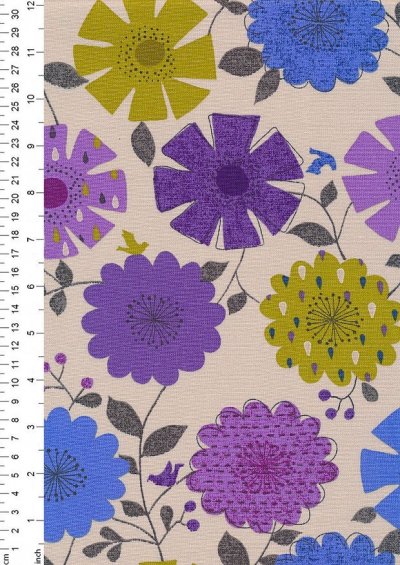 Cotton Canvas Print - Purple, Green & Blue Floral Sketch