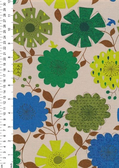 Cotton Canvas Print - Green & Blue Floral Sketch