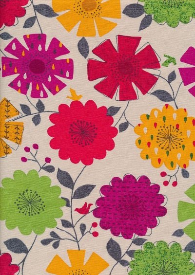 Cotton Canvas Print - Green, Pink & Orange Floral Sketch