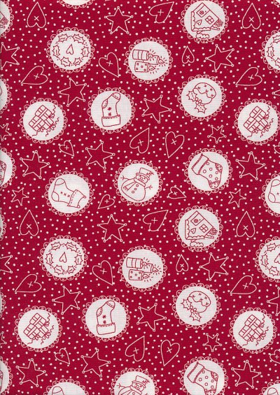 Mandy Shaw For Henry Glass - Redwork Christmas Stars & Hearts White On Red 837-88