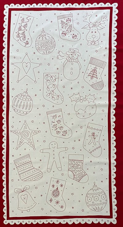 Mandy Shaw For Henry Glass - Redwork Christmas Festive Fun Panel Red On White 846P-08