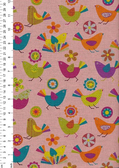 Japanese Fabric - Bright Birds On Pink