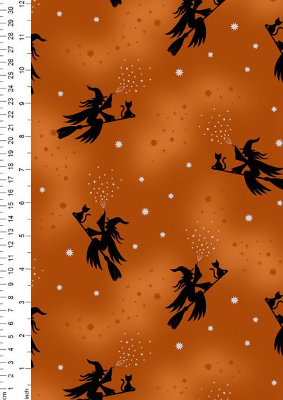 Lewis & Irene - Cast A Spell Flying witches on orange (silver metallic) - A722.1