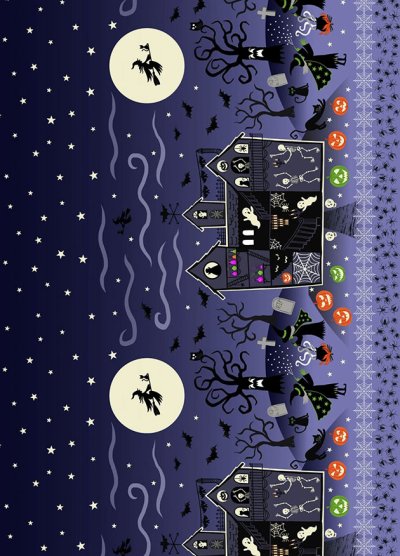 Lewis & Irene - Haunted House A599.3 - Spooky blue glow in the dark haunted house border print