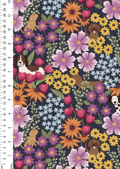 Lewis & Irene - Paws & Claws Dogs in flowers on dark blue - A709.3