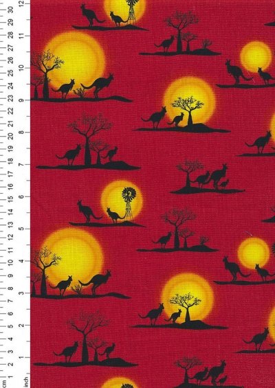 Novelty Fabric - Australasian Kangaroo Sunset On Red