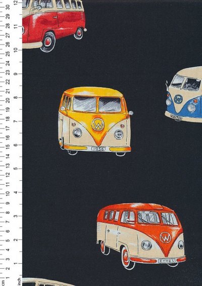 Novelty Fabric - Large VW Campers On Black