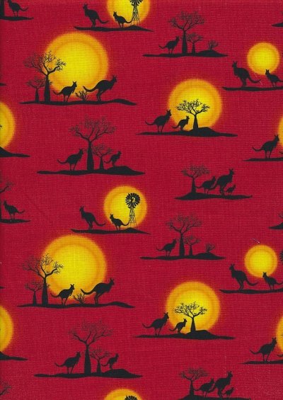 Novelty Fabric - Australasian Kangaroo Sunset On Red