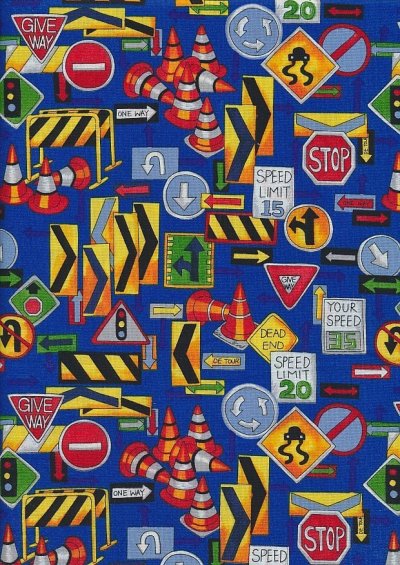 Novelty Fabric - Roadwork Signs & Cones On Blue