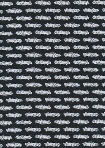 Sevenberry Novelty Fabric - Grey Vintage Sports Cars On Black