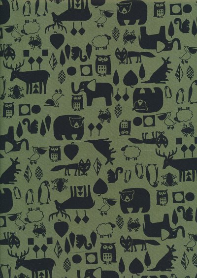 Sevenberry Novelty Fabric - Bears, Owls, Kangaroos, Penguins, Squirrels, Frogs & Foxes On Green