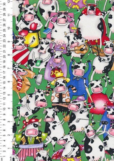 Novelty Fabric - Sporting Cows On Green
