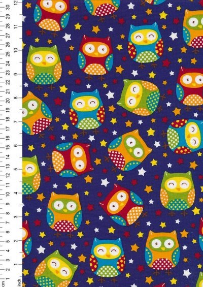 Novelty Fabric - Night Owls And Stars On Blue
