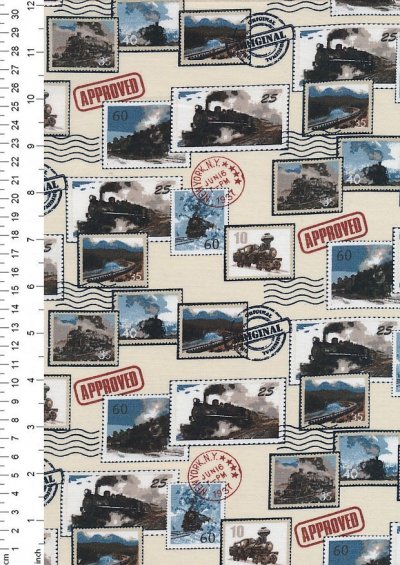 Novelty Fabric - Classic Train Stamps On Cream