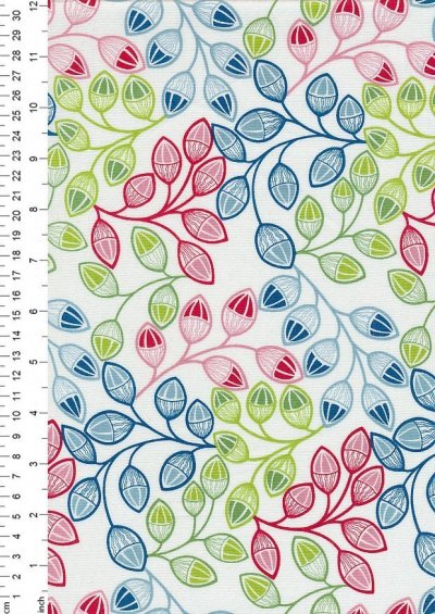 Novelty Fabric - Multi Coloured Leafs On White