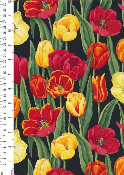 Novelty Fabric - Orange, Red & Yellow Tulips On Black