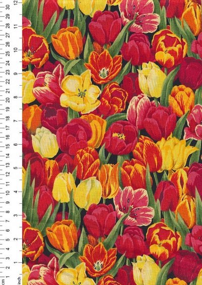 Novelty Fabric - Orange, Red & Yellow Tulips Tightly Packed On Black