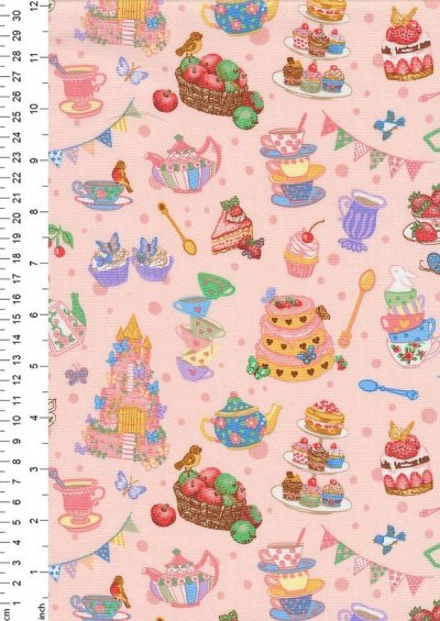 Novelty Fabric - Tea, Cakes & Apples On Pink