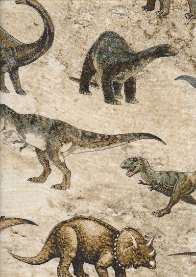 Novelty Fabric - Realistic Dinosaurs On Taupe