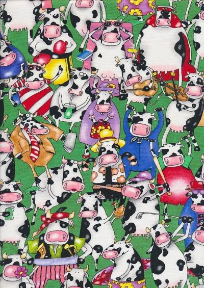 Novelty Fabric - Sporting Cows On Green